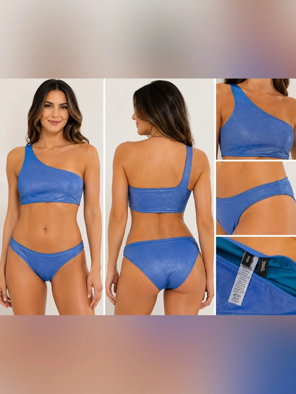 Triangl Blue Shimmer One Shoulder Bikini Set Women’s Small Metallic Swimwear